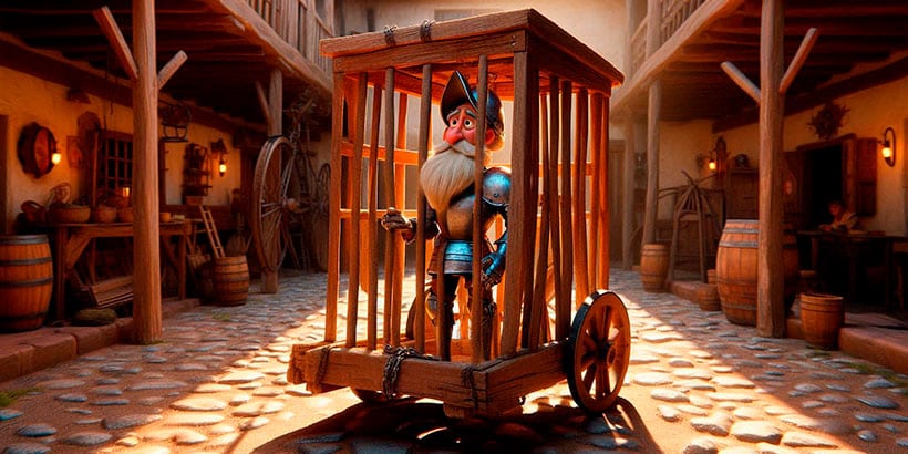 Don Quijote enjaulado, capítulo XLVI de Don Quijote d ela mancha